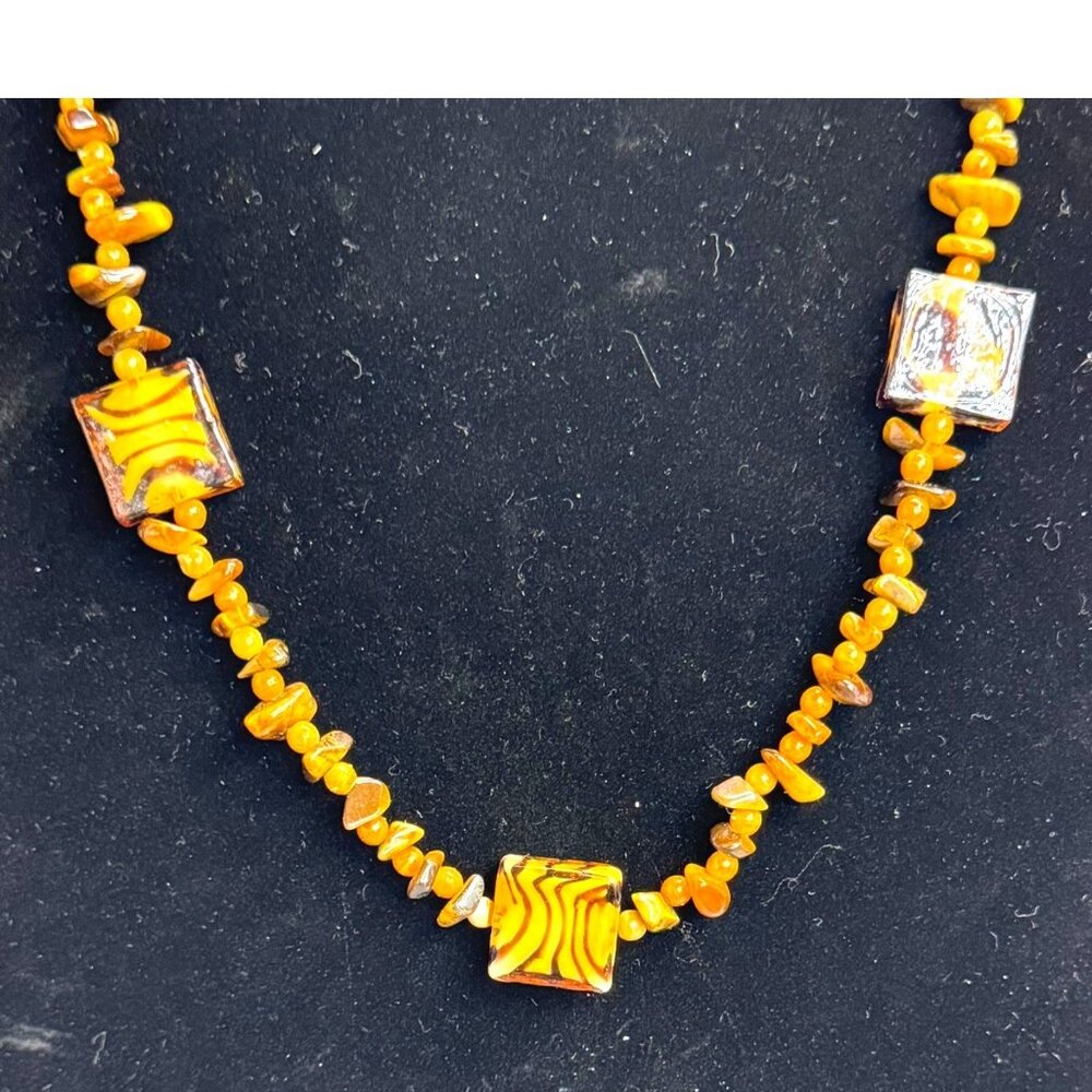 Vintage Handcrafted Tiger Eye & Artisan Glass Bead Necklace 26" Boho Chic Y2K
